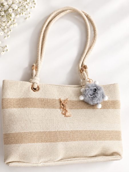 Women's Beige & Gold Striped Rope-Handle Tote Bag with Pom-Pom Charm
