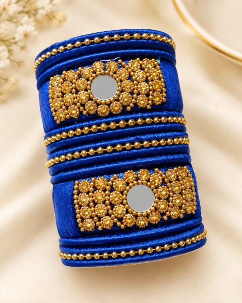 Handmade Royal Blue Silk Thread Bangle Set with Gold Stone & Mirror Work