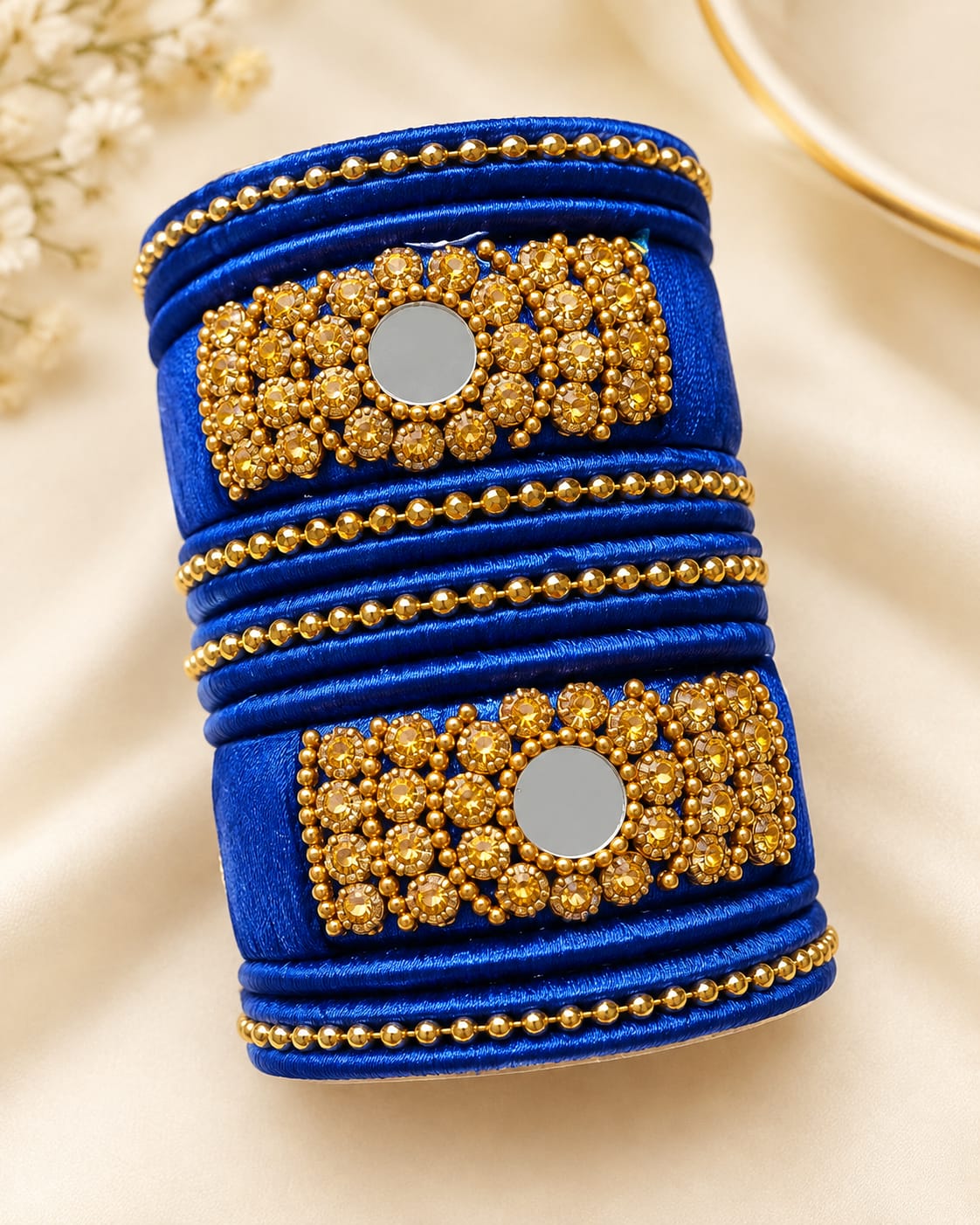 Handmade Royal Blue Silk Thread Bangle Set with Gold Stone & Mirror Work