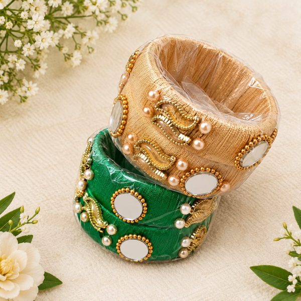 Handmade Silk Thread Kada Bangle with Mirror & Pearl Work - Gold & Green (Set of 2)