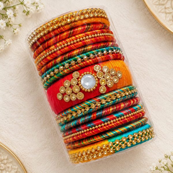 Bridal Silk Thread Bangle Set with Stone Centrepiece - Red, Orange & Teal (Packed)