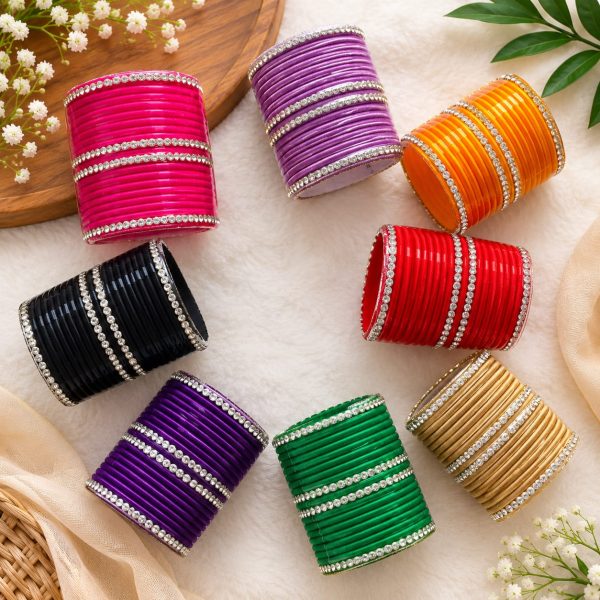 Rhinestone Glass Churi Bangle Set - 8 Colour Options