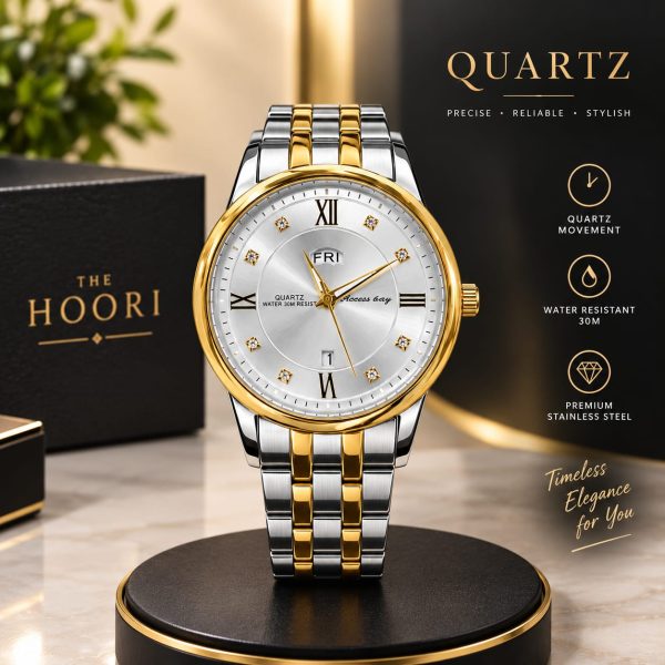 Men's Two-Tone Silver & Gold Quartz Watch - White Dial, Roman Numerals, Day & Date, 30M Water Resistant