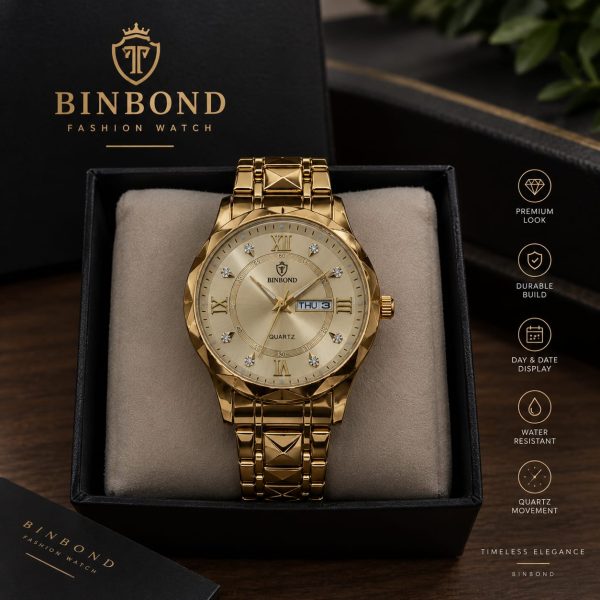 BINBOND Men's Full Gold Faceted Case Quartz Watch - Champagne Dial, Roman Numerals, Day & Date