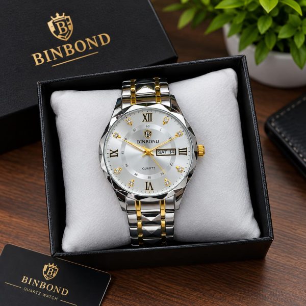 BINBOND Men's Two-Tone Silver & Gold Faceted Case Quartz Watch - White Dial, Day & Date