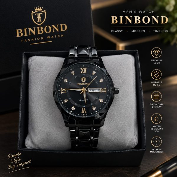 BINBOND Men's All-Black Faceted Case Quartz Watch - Black Dial, Gold Roman Numerals, Day & Date