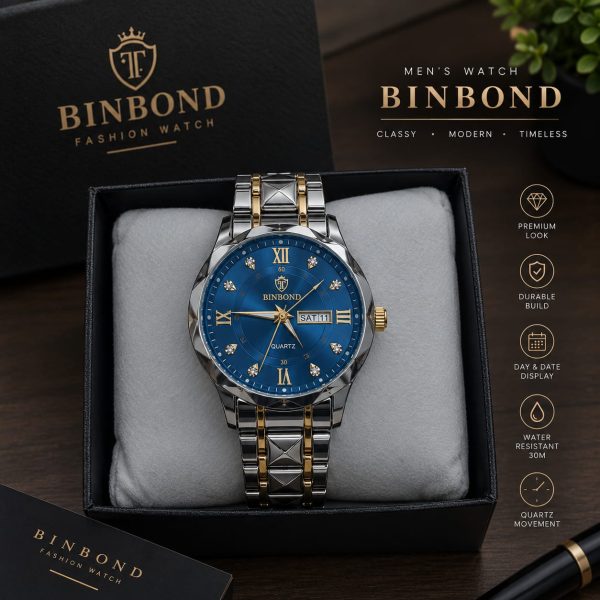 BINBOND Men's Two-Tone Silver & Gold Faceted Case Quartz Watch - Blue Dial, Gold Roman Numerals, Day & Date