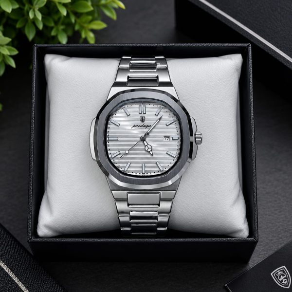 POEDAGAR Men's Silver Stainless Steel Quartz Watch - Octagonal Case, Striped White Dial, Date Window